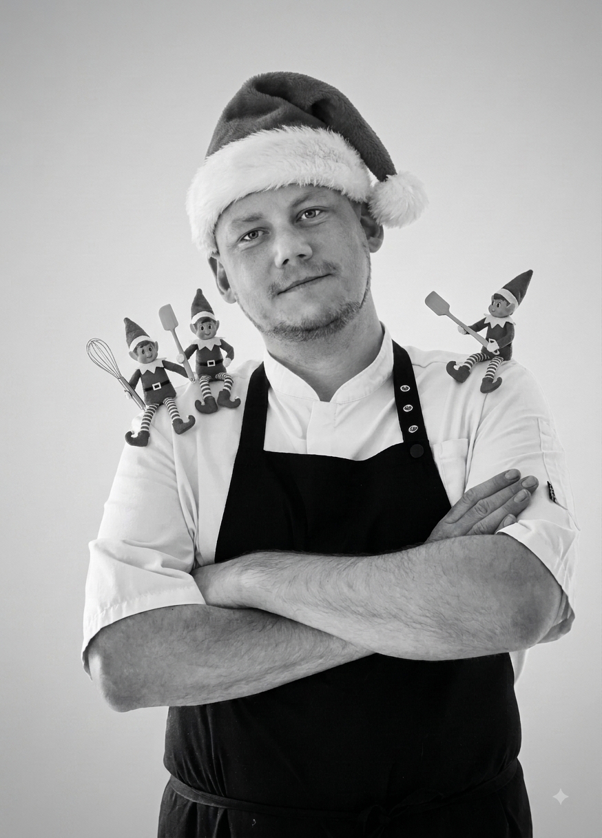 Chef Joel White in a Santa hat with elves holding cooking utensils