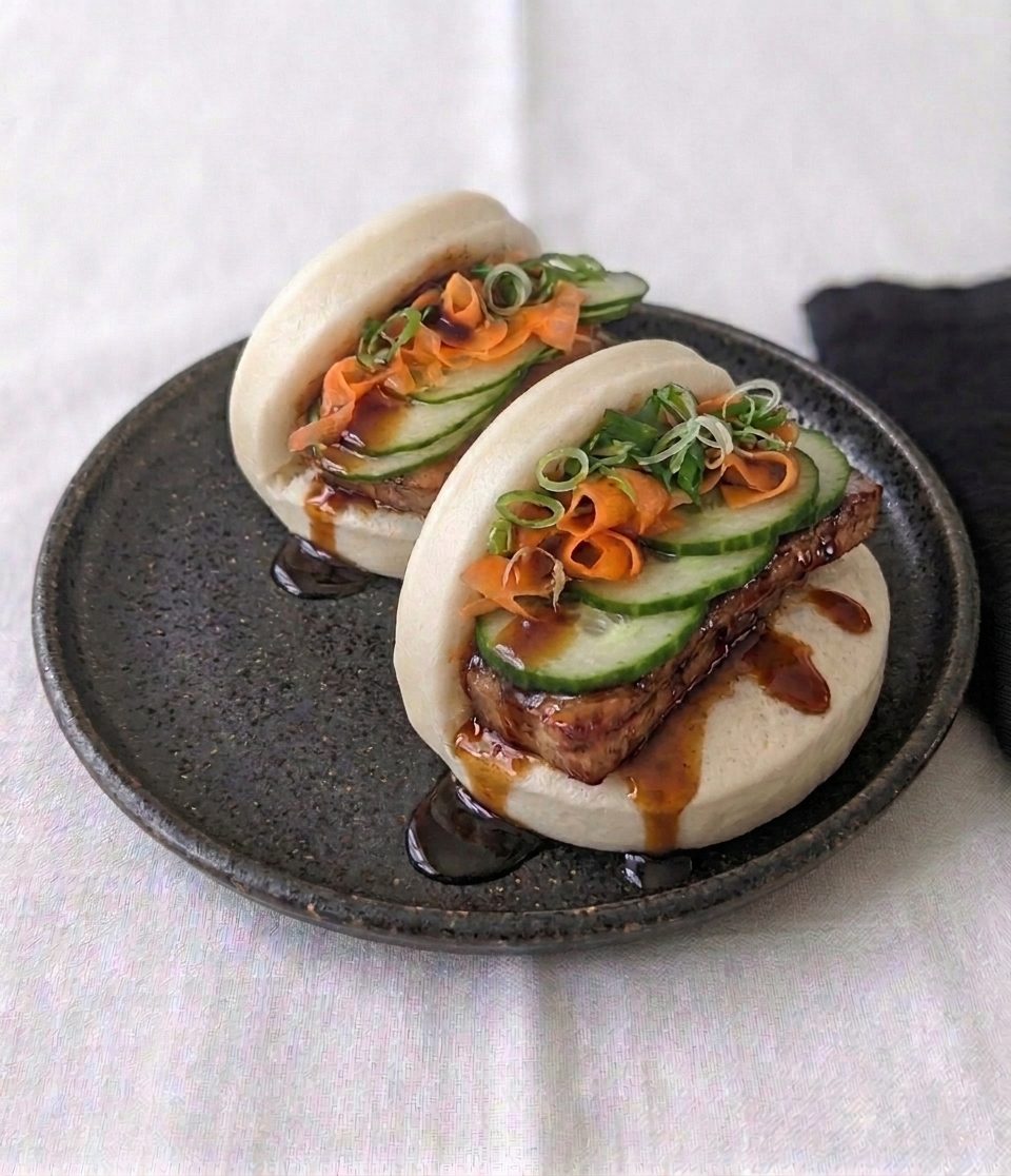 Steamed bao buns with glazed pork belly, cucumber, pickled carrot and spring onion