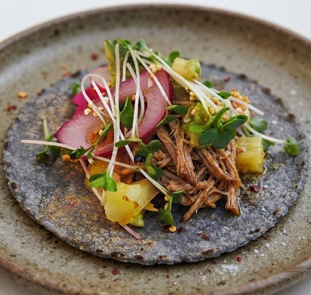 Pork carnita taco on a blue corn tortilla with pineapple, pickled onion and micro herbs
