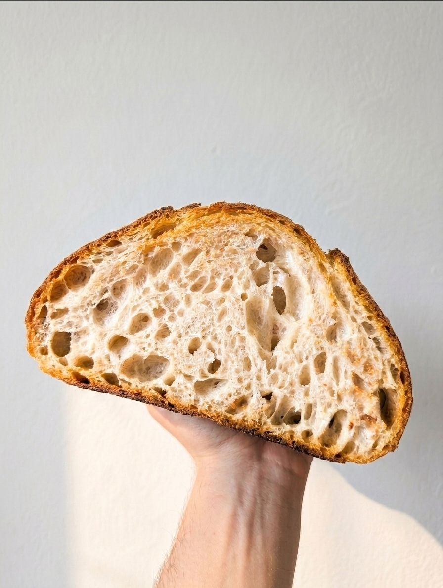 A slice of open crumb spelt sourdough held up after a baking class